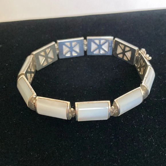 Sterling Silver 925 Chunky Wide Mother of Pearl Panel Bracelet - Picture 1 of 10